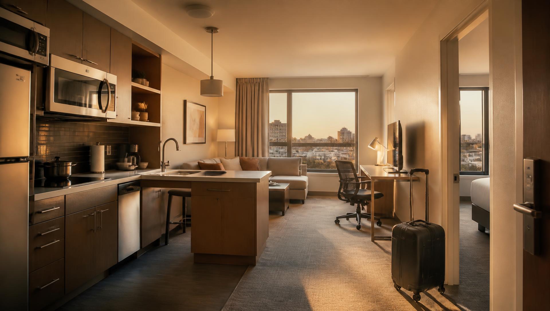 Furnished extended-stay hotel suite with a full kitchen, sofa and work desk
